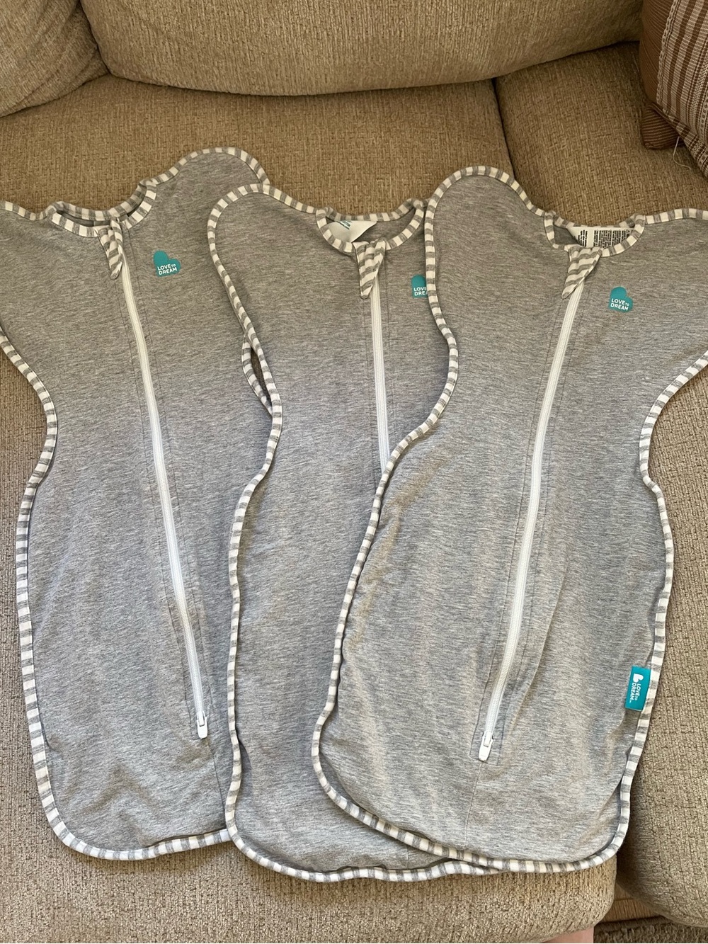 3 Love to dream Grey Zipper Swaddle Sleep Sacks with Stripe Trim
